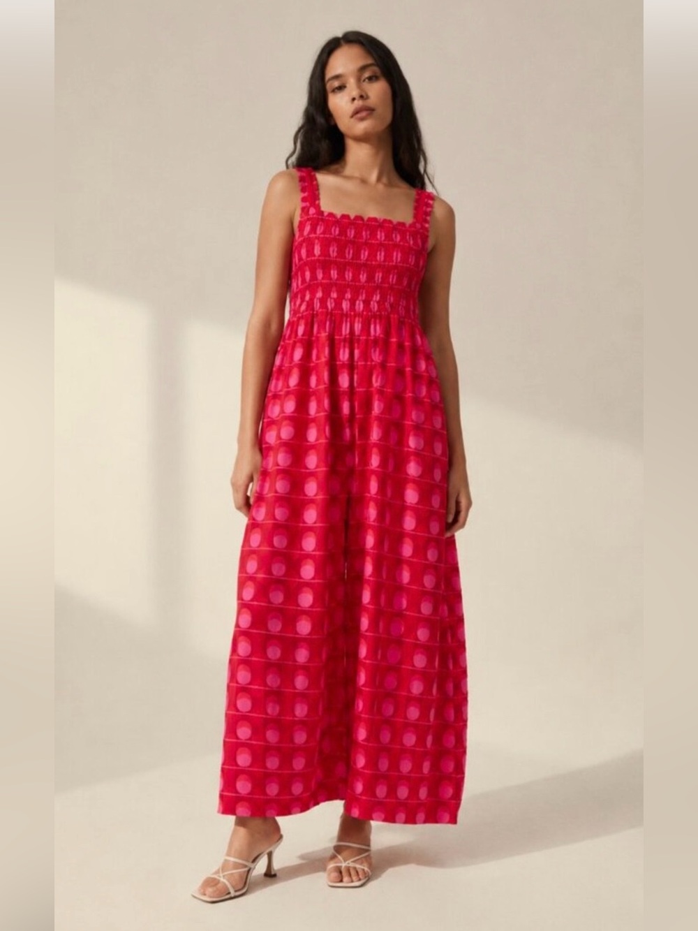 Zara Printed Midi Dress Smocking Poplin Cotton Fuchsia, size s
